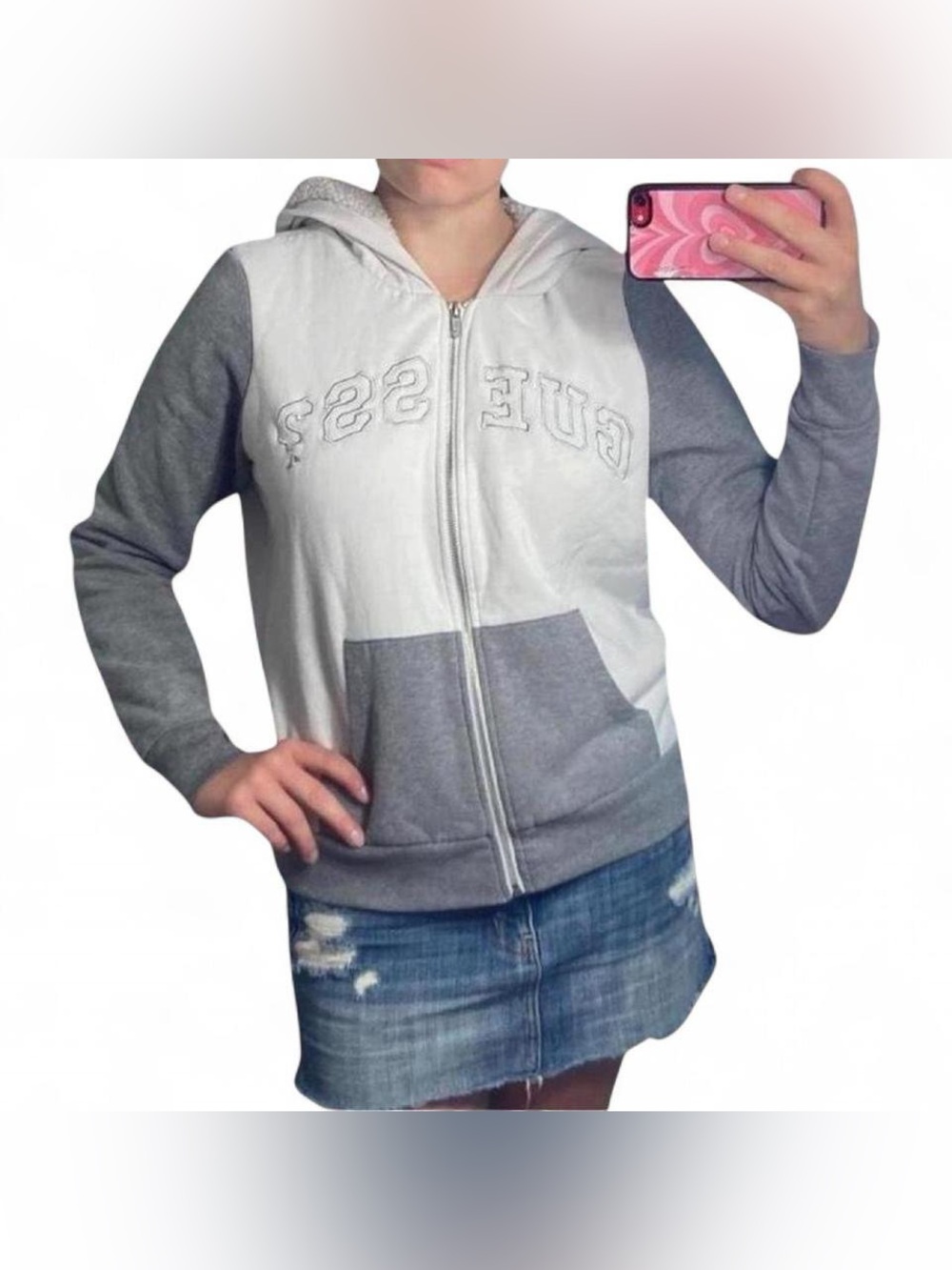 Guess Two-Tone Gray & White Zip-Up Hoodie